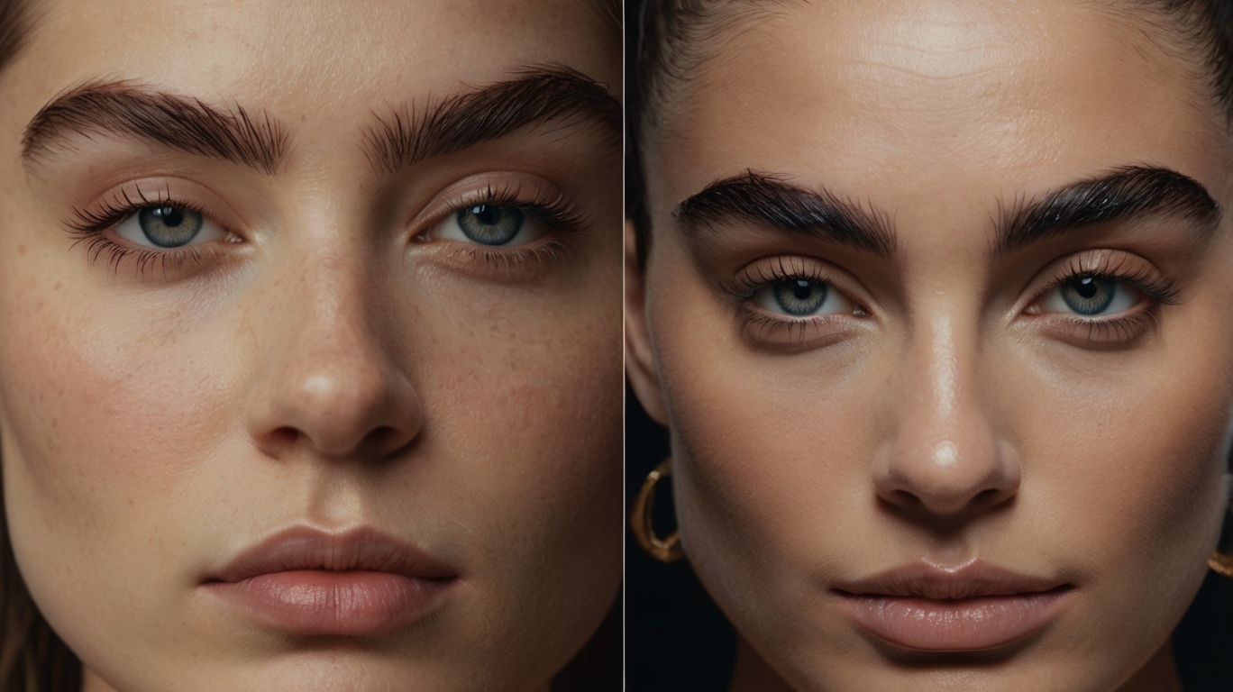 Close-up of eyes with perfectly laminated brows and lifted lashes, showing definition.